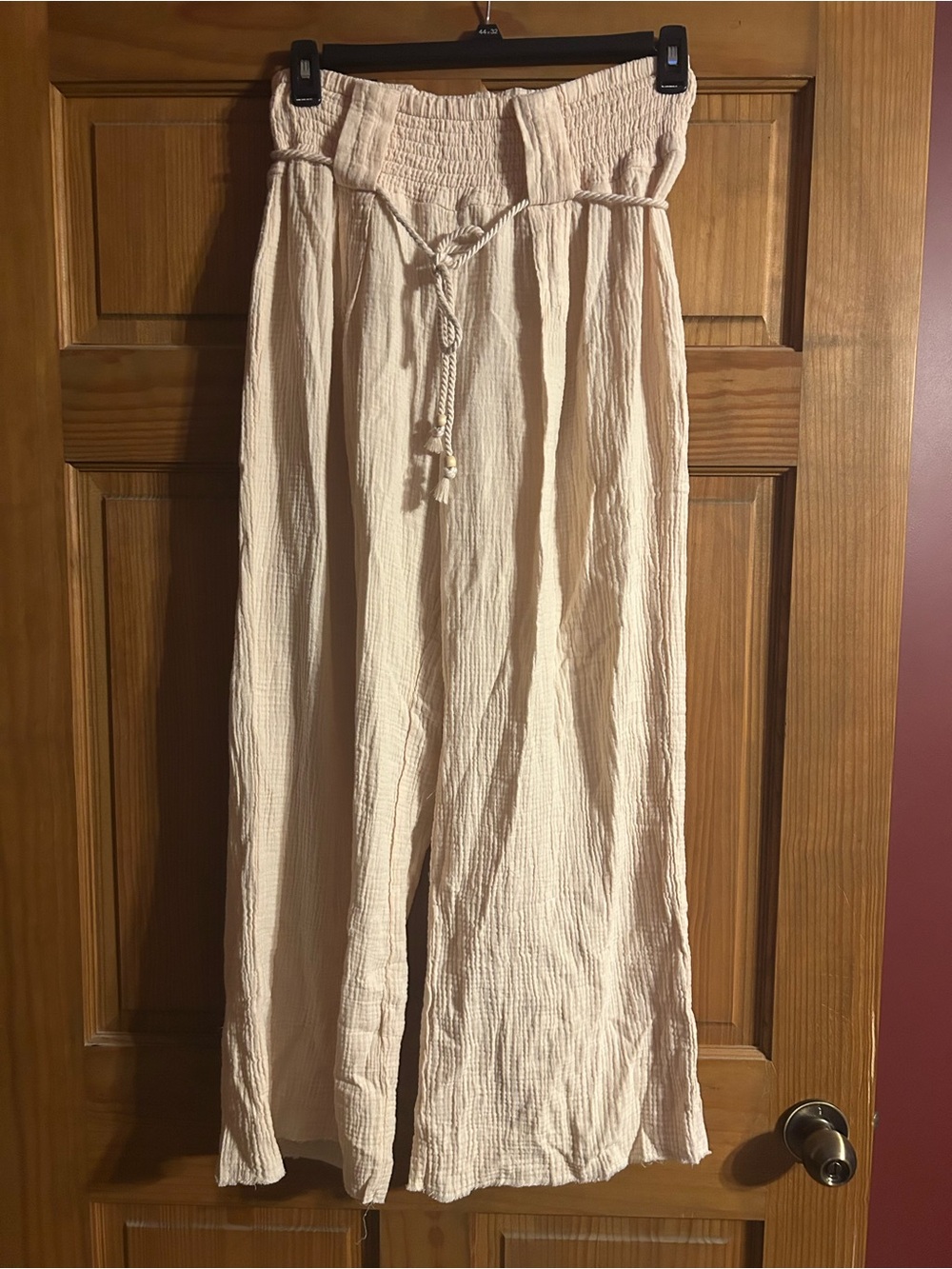 Light Beige Smocked Waistwide Leg Women's Pants